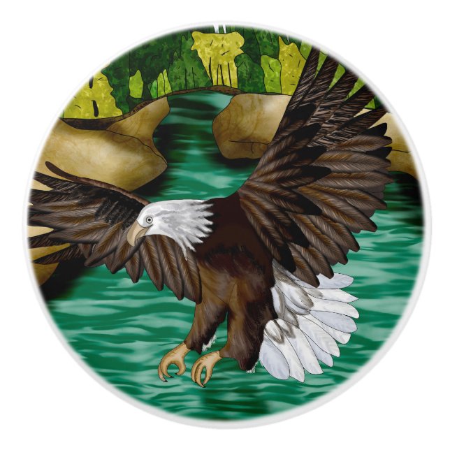 Eagle Flying Over River and Mountains Personalised Ceramic Knob (Front)