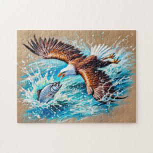 Eagle Flying Over River Hunting for Salmon Pastel  Jigsaw Puzzle