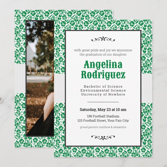 Eagle Green Floral Damask Photo Graduation Invitation (Front/Back)
