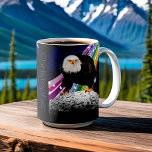 Eagle Has Landed Space Travel Rainbow Moon Name Coffee Mug<br><div class="desc">For a totally unique mug, this fills the bill! An unusual collage of an American Bald Eagle standing on the moon with a rainbow trailing from Earth is placed on both sides of the coffee cup, and it can be personalised with any name using the easy template. This makes the...</div>