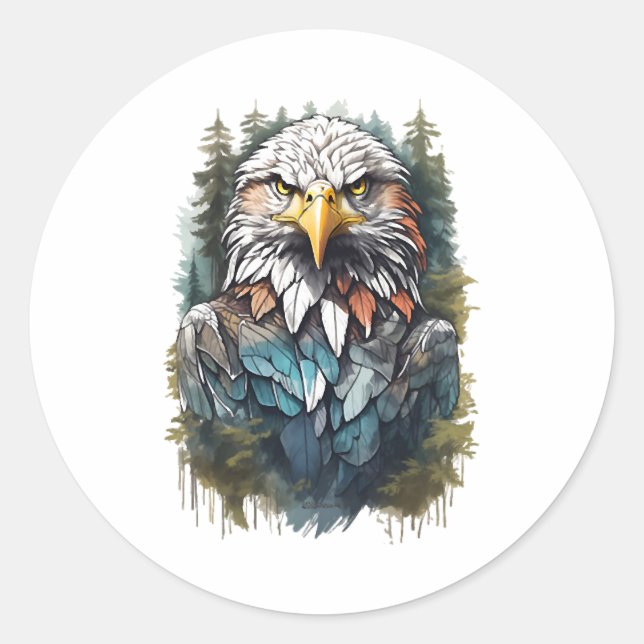 Eagle Head in Forest Classic Round Sticker (Front)