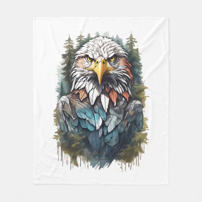 Eagle Head in Forest Fleece Blanket (Front)