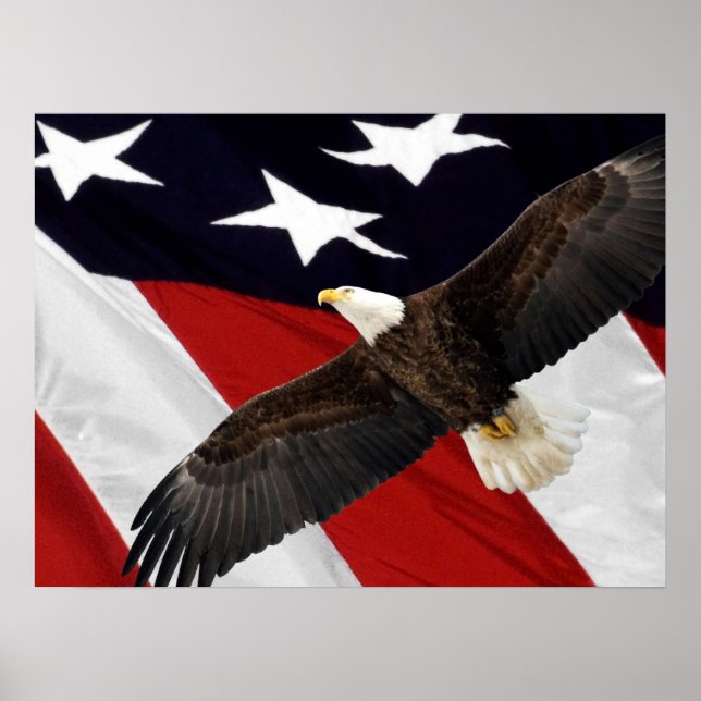 Eagle In Flight Over American Flag Poster (Front)