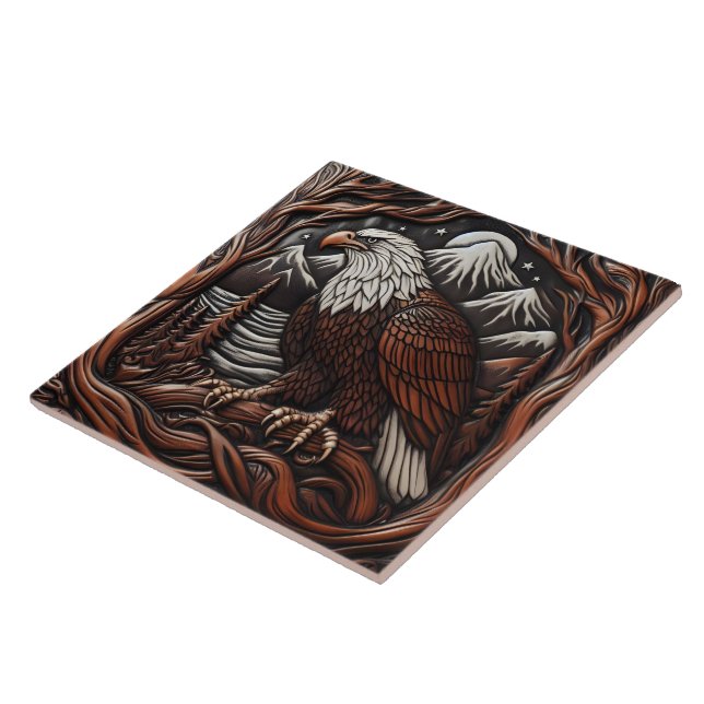 Eagle Leather Carving With Canadian Flair Ceramic Tile (Side)