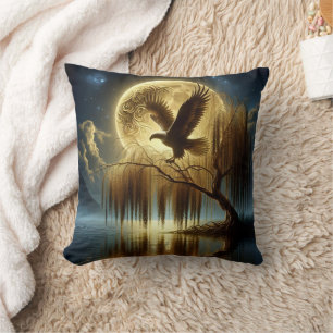 Eagle Majestically Perched on Tree Branch at Night Cushion