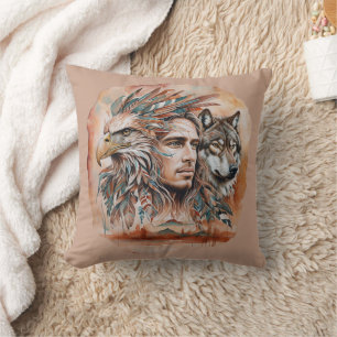 Eagle - Man - Wolf - watercolor art 1 - Fan Fun Cushion