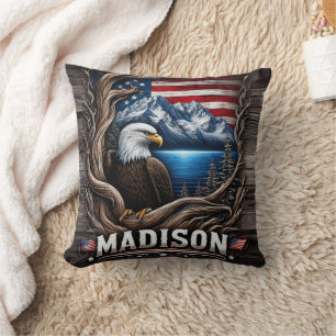 Eagle Nestled Amidst Mountains and American Flag Cushion
