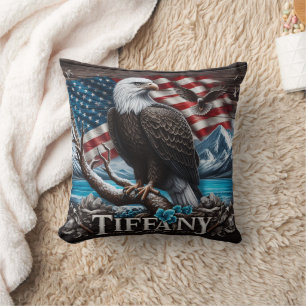 'Eagle on Branch With Flag Background' Cushion