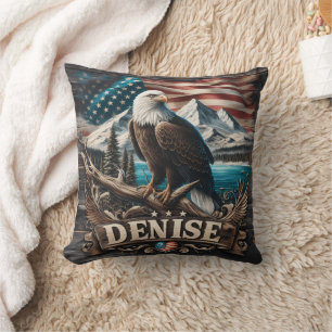 Eagle on Branch With Flag Background Cushion