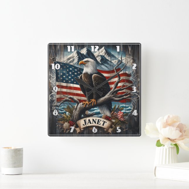 Eagle on Branch With Flag Square Wall Clock (Home)