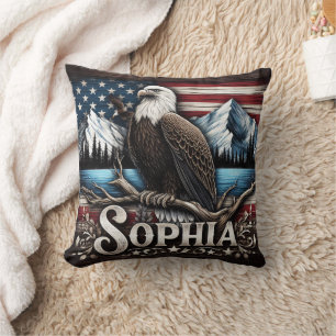 Eagle on Branch With Mountains & Flag Cushion