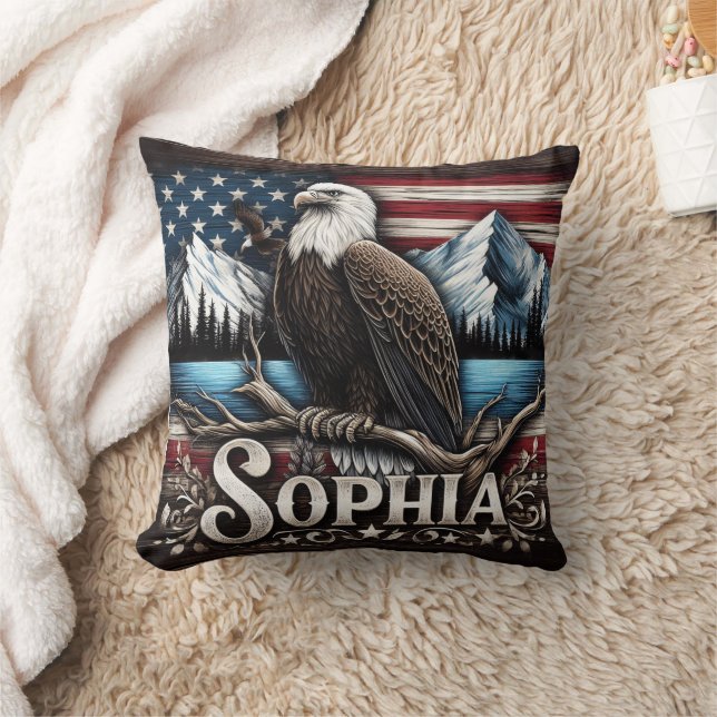 Eagle on Branch With Mountains & Flag Cushion (Blanket)