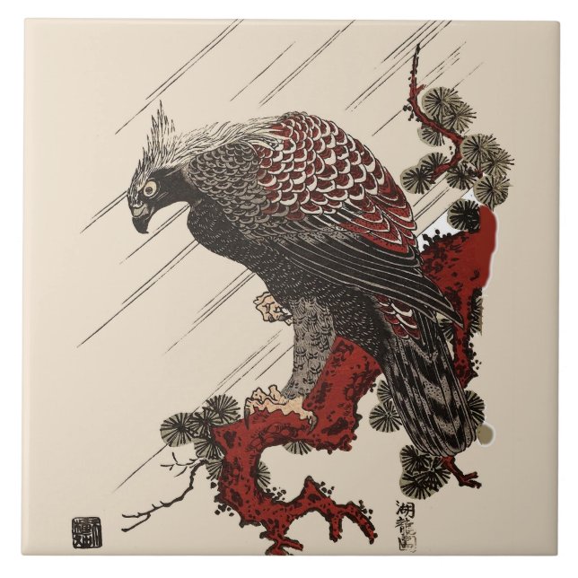 EAGLE ON THE PINE BRANCH IN THE RAIN Ukiyoe Ceramic Tile (Front)