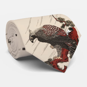 EAGLE ON THE PINE BRANCH IN THE RAIN Ukiyoe Tie