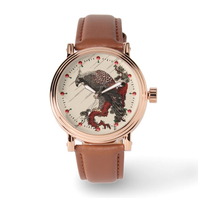 EAGLE ON THE PINE BRANCH IN THE RAIN Ukiyoe Watch (Front)