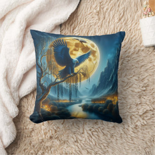 Eagle on Tree Branch Under Full Moonlight Cushion