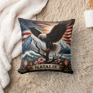 Eagle on Tree With Flag Background Cushion