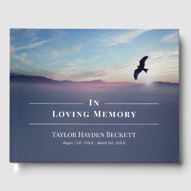 Eagle Over Mountains Blue Memorial Funeral Guest Book (Front)
