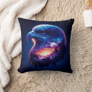 Eagle Overlayed with Mystical Sunset Landscape Cushion