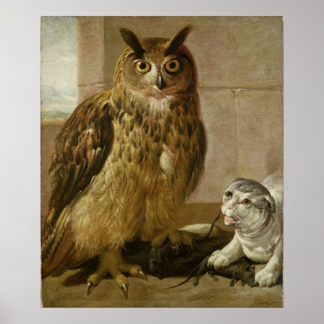 Eagle Owl and Cat with Dead Rats Poster (Front)