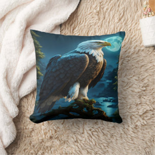Eagle Perched at Night Under Full Moon Cushion