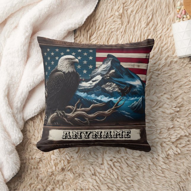 Eagle Perched Before Mountain and Flag Backdrop Cushion (Blanket)