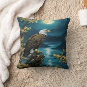 Eagle Perched Beneath Full Moon Over River Cushion