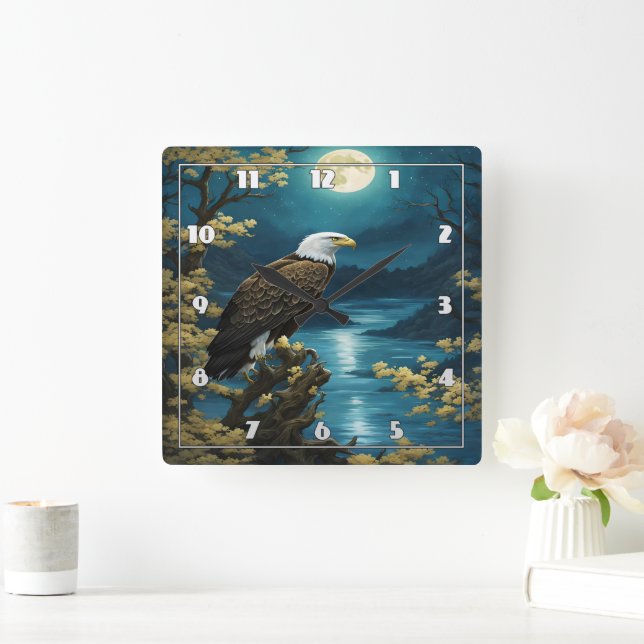 Eagle Perched Beneath Full Moon Over River Square Wall Clock (Home)