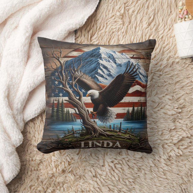 Eagle Perched by Lake Under Mountainous Sky Cushion (Blanket)