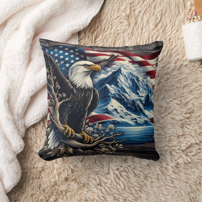 Eagle Perched by Rocky Mountains Cushion (Blanket)