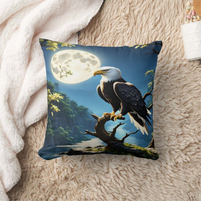Eagle Perched Calmly on Branch Under Full Moon Cushion (Blanket)