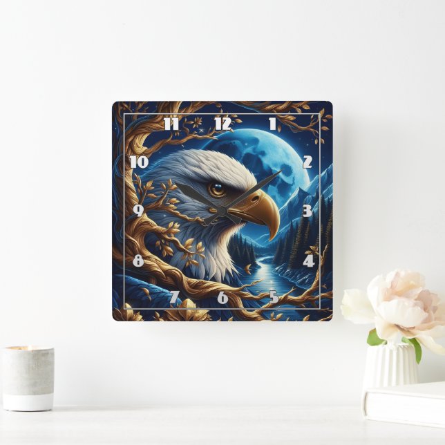 Eagle Perched Near River Under Moonlit Sky Square Wall Clock (Home)