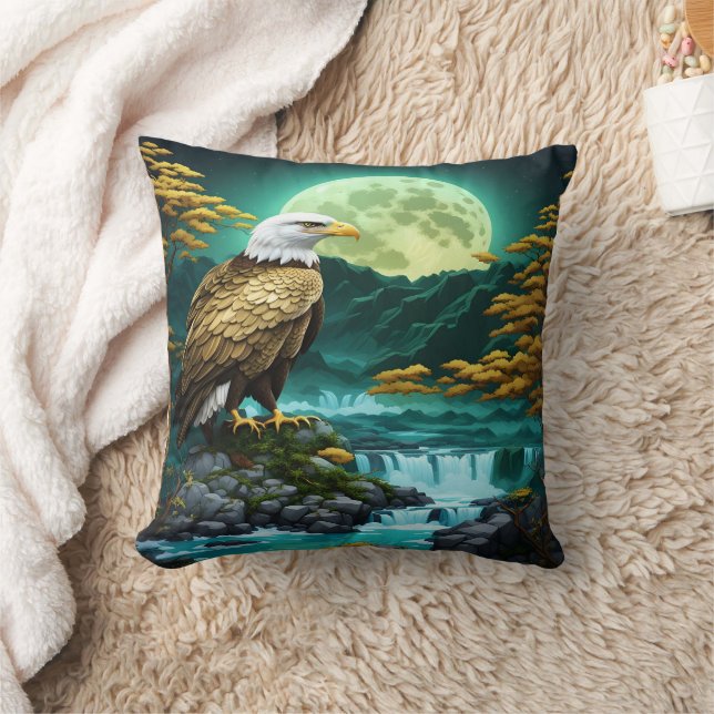 Eagle Perched Near Waterfall Under Full Moon Cushion (Blanket)