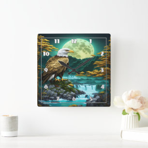 Eagle Perched Near Waterfall Under Full Moon Square Wall Clock