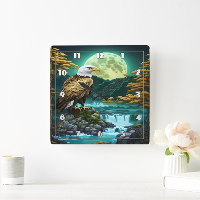 Eagle Perched Near Waterfall Under Full Moon Square Wall Clock (Home)