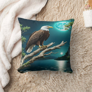 Eagle Perched on a Branch by Moonlit River Cushion