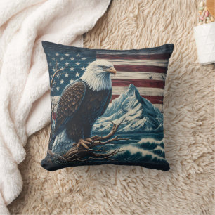 Eagle Perched on a Branch Near Mountains and Waves Cushion