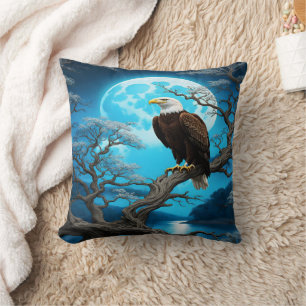 Eagle Perched on a Branch Under a Full Moon Cushion