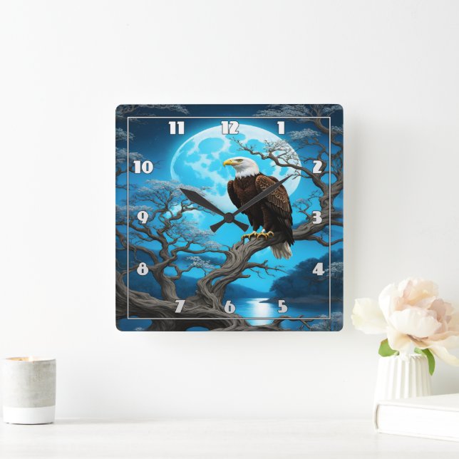Eagle Perched on a Branch Under a Full Moon Square Wall Clock (Home)