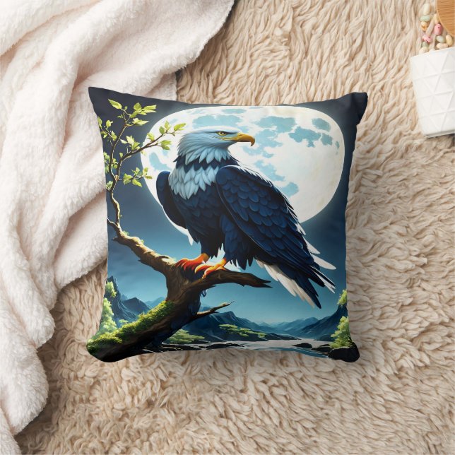Eagle Perched on a Branch Under Full Moon Cushion (Blanket)