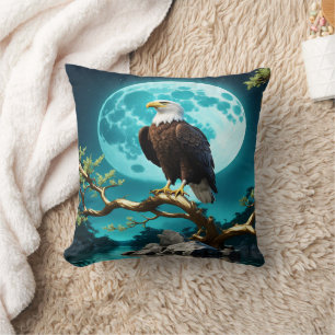 Eagle Perched on a Branch Under Full Moonlight Cushion
