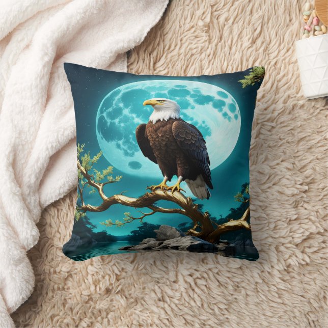 Eagle Perched on a Branch Under Full Moonlight Cushion (Blanket)