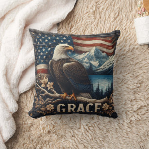 Eagle Perched on Branch Against Mountain Landscape Cushion