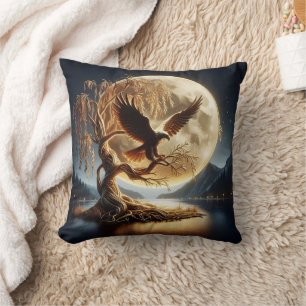 Eagle Perched on Branch Beneath Full Moon Cushion