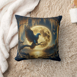Eagle Perched on Branch by Full Moonlit Lake Cushion