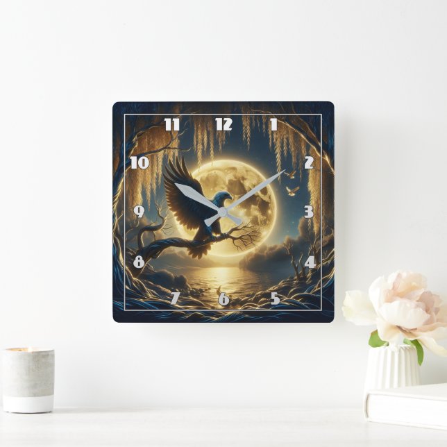 Eagle Perched on Branch by Full Moonlit Lake Square Wall Clock (Home)