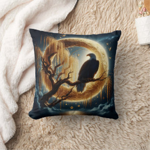 Eagle Perched on Branch Under a Full Moon Cushion