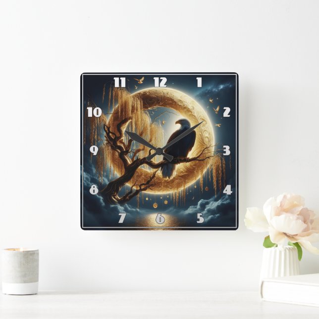 Eagle Perched on Branch Under a Full Moon Square Wall Clock (Home)