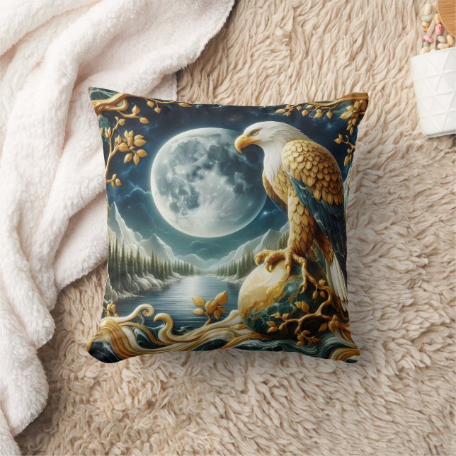 Eagle Perched on Branch Under Full Moon Cushion (Blanket)