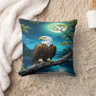 Eagle Perched on Branch Under Full Moon Cushion